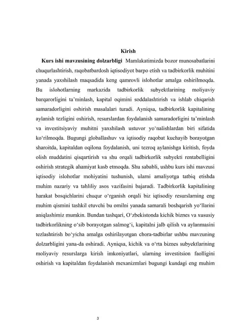 Tadbirkorlik kapitali, uning harakat bosqichlari va aylanishi kurs ishi 3
