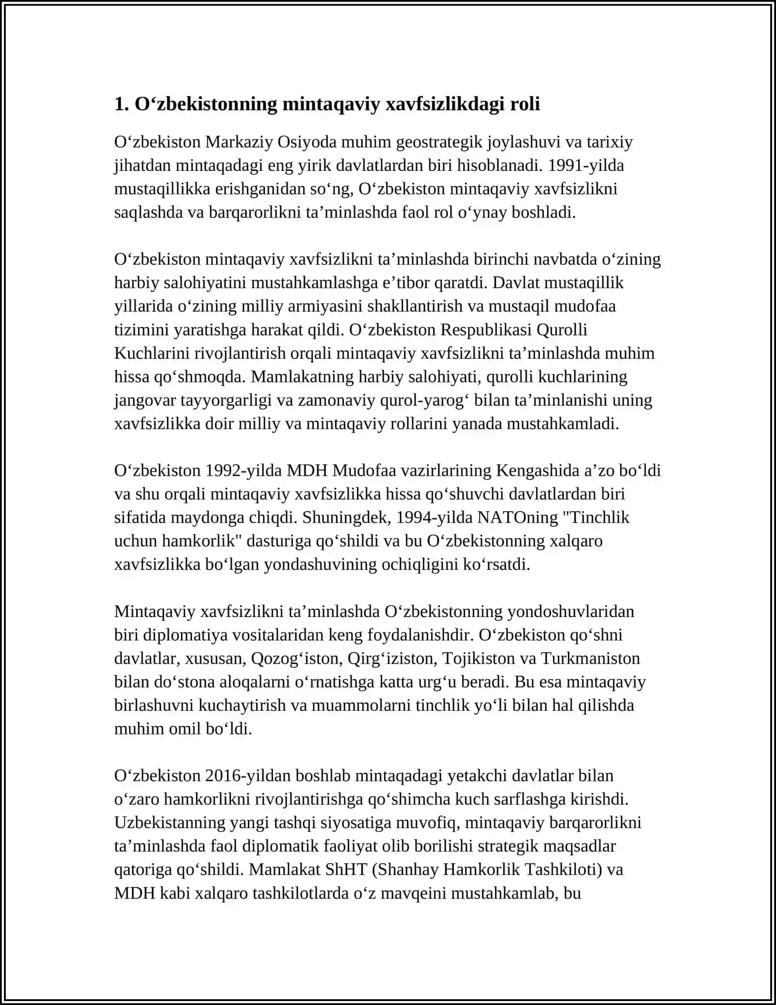 O‘zbekistonning markaziy Osiyoda tinchlik va barqarorlikni taʼminlashdagi o‘rni 3