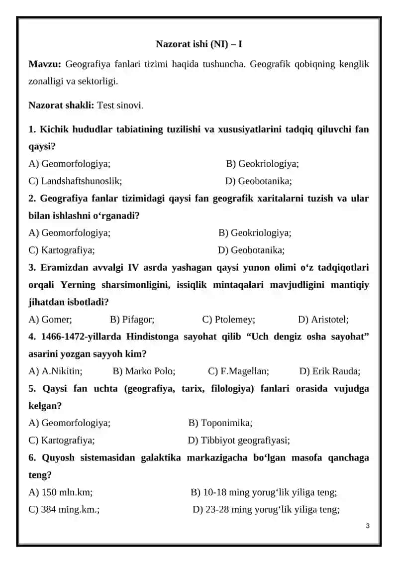 Geografiya fanidagi yillik nazorat ishlari jamlanmasi 3