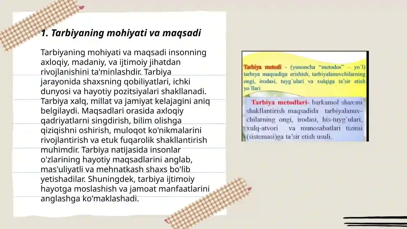 Tarbiya jarayonining mohiyati,mazmuni, tarbiya tamoyillari va metodlari 3
