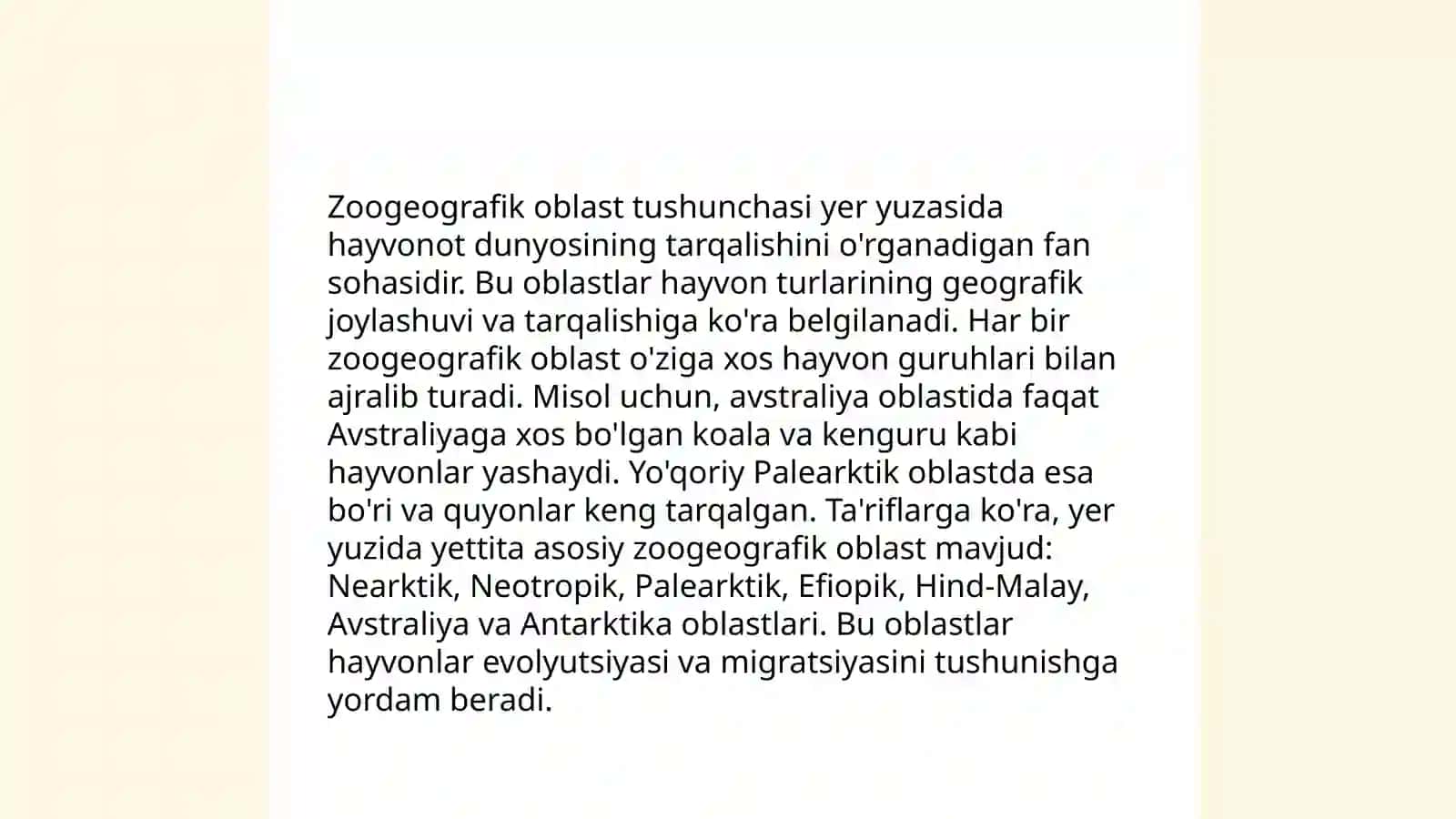 Zoogeografik oblastlar faunasining oʻxshashlik va farqlarini qiyosiy oʻrganish 3