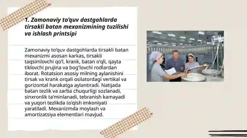 Zamonaviy to’quv dastgohlarda tirsakli va kulochokli batan mexanizimlari 3