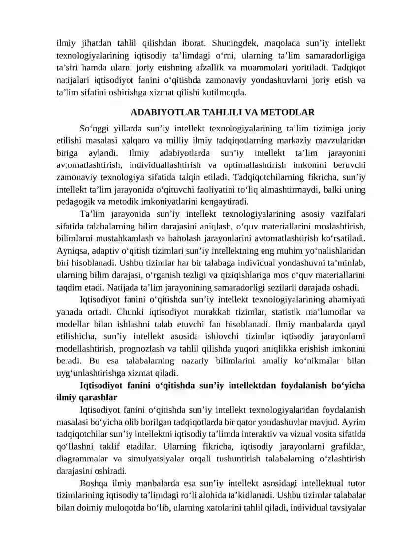 IQTISODIYOT FANINI OʻQITISHDA SUNʼIY INTELLEKT TEXNOLOGIYALARIDAN FOYDALANISHNING PEDAGOGIK-DIDAKTIK ASOSLARI 3