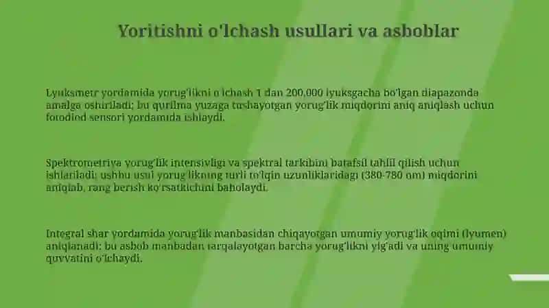 İshlab chiqarish maydonlarida joylarini yoritganlik darajasini tekshirish 3