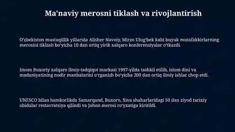 Mustaqillik yillarida Oʻzbekistondagi maʼnaviy va madaniy ishlar 3