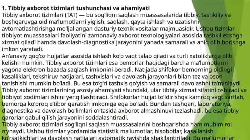 Tibbiy axborot tizimlari. Elektron kasallik tarixini yuritish. Ambulator va statsionar tibbiyot muassasalarida elektron tizimlar. “Elektron poliklinika” axborot tizimi 3