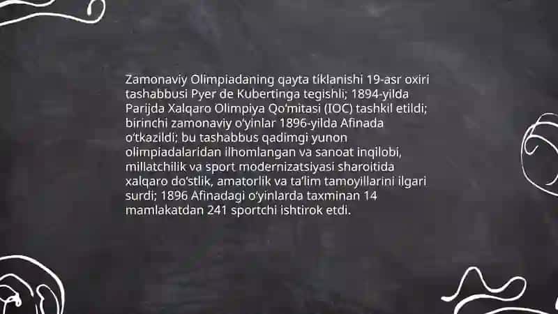 Zamonaviy Olimpiya oʻyinlarining qayta tiklanishi tarixiy sharx 3