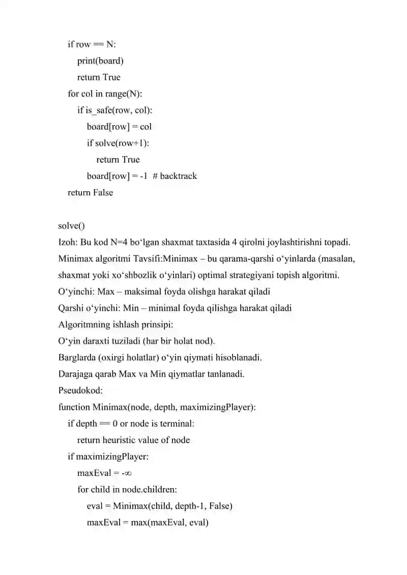 SUN'IY INTELLEKT UCHUN ASOSIY ALGORITMLARNI (BACKTRACKING, MINIMAX DASTURLASH 3