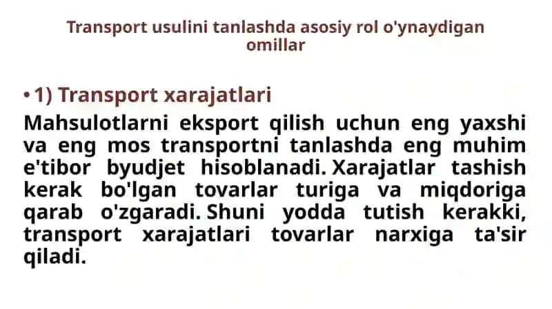 Tashish jarayoni boshqarishda transport turini tanlash va ulardan foydalanish 3