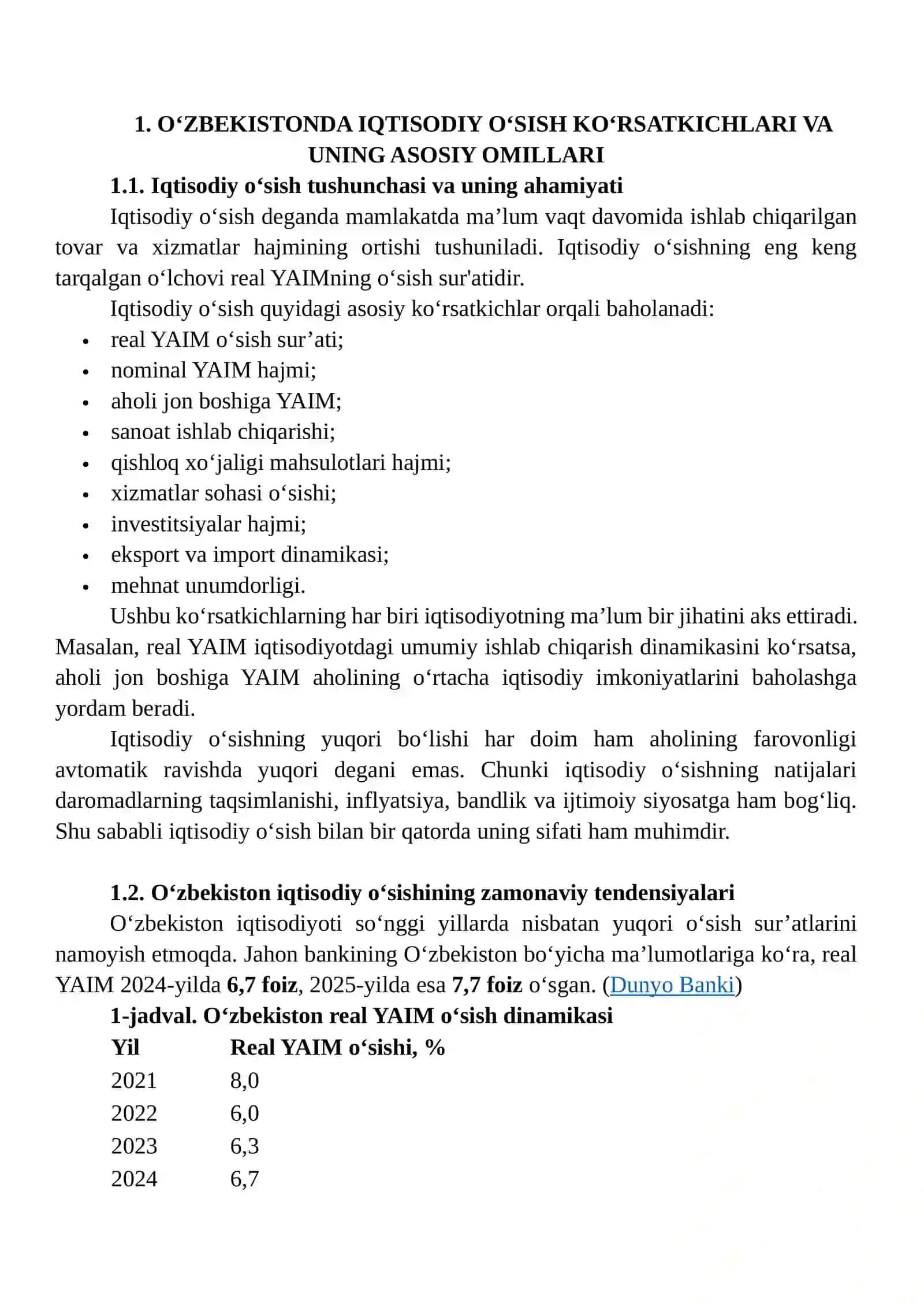 O‘ZBEKISTON VA JAHON MAMLAKATLARIDA IQTISODIY O‘SISH KO‘RSATKICHLARINI JADVAL VA GRAFIKLAR ASOSIDA TAHLIL QILISH 3