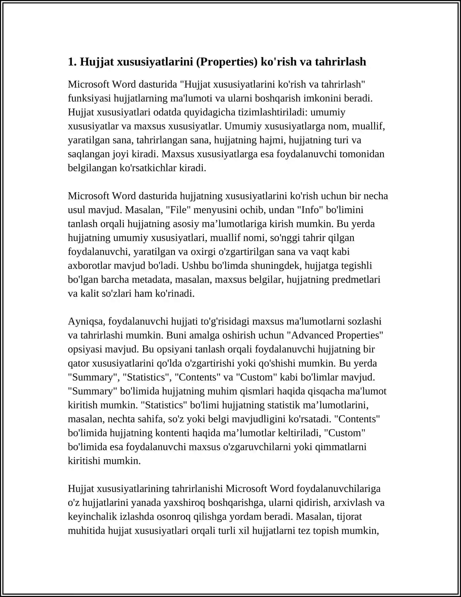 MICROSOFT WORDDA HUJJAT XUSUSIYATLARINI VA SAHIFA PARAMENTLARINI SOZLASH 3
