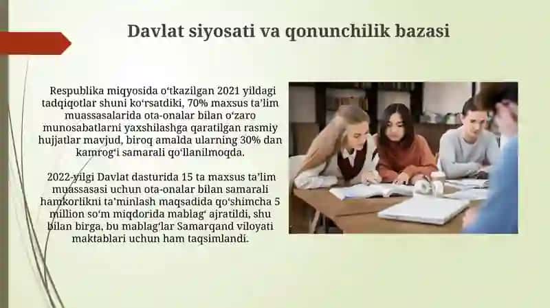 Maxsus muassasalarda ota – onalar bilan hamkorlik ishlarini o‘rganishning o‘ziga xos xususiyatlari? 3
