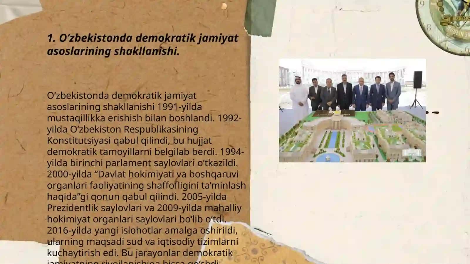 O‘zbekistonda demokratik, fuqarolik jamiyati asoslarining shakllanishi, amalga oshirilgan siyosiy islohotlar. Iqtisodiy islohotlar, xususiy mulkchilikning shakllanishi. O‘zbekistonda bozor munosabatlarining rivojlanishi 3