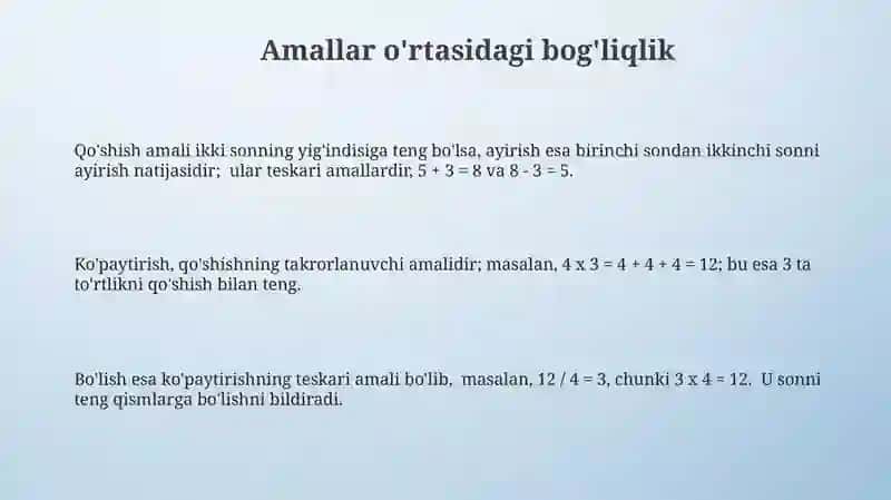 Qo'shish, Ayirish, Ko'paytirish va Bo'lish Amalini Ma'nosi Ochib Berish 3