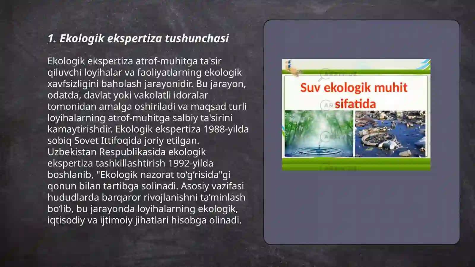 Ekologik ekspertiza turlari ekologik ekspertizaning asosiy prinsiplari ekologik ekspertizaning oshkoraligi 3