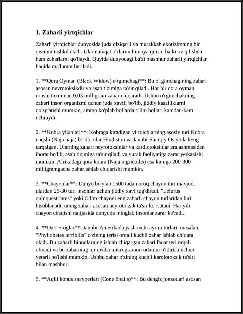 Zaharli Hayvonlar Sistematikasi 3