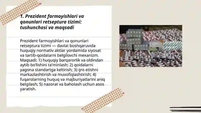 Oʻzbekiston Respublikasi Prezidentining retsepturaga asoslangan qonun va farmoyishlari 3