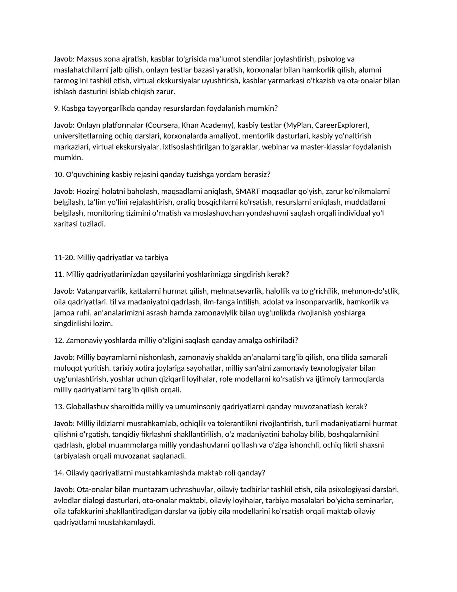 Maktab maslahatchisi lavozimi uchun imtihon savollari va javoblari 3