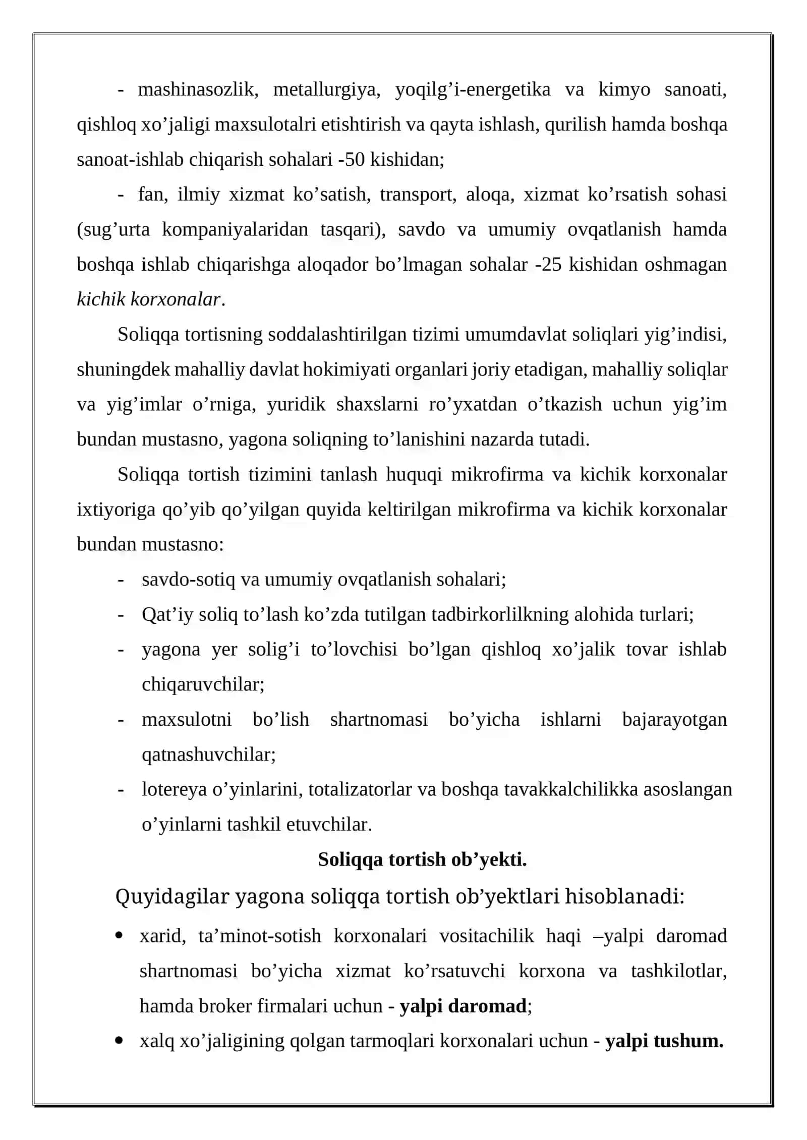 Mikrofirmalar va kichik korxonalar uchun yagona soliq to’lovi 3