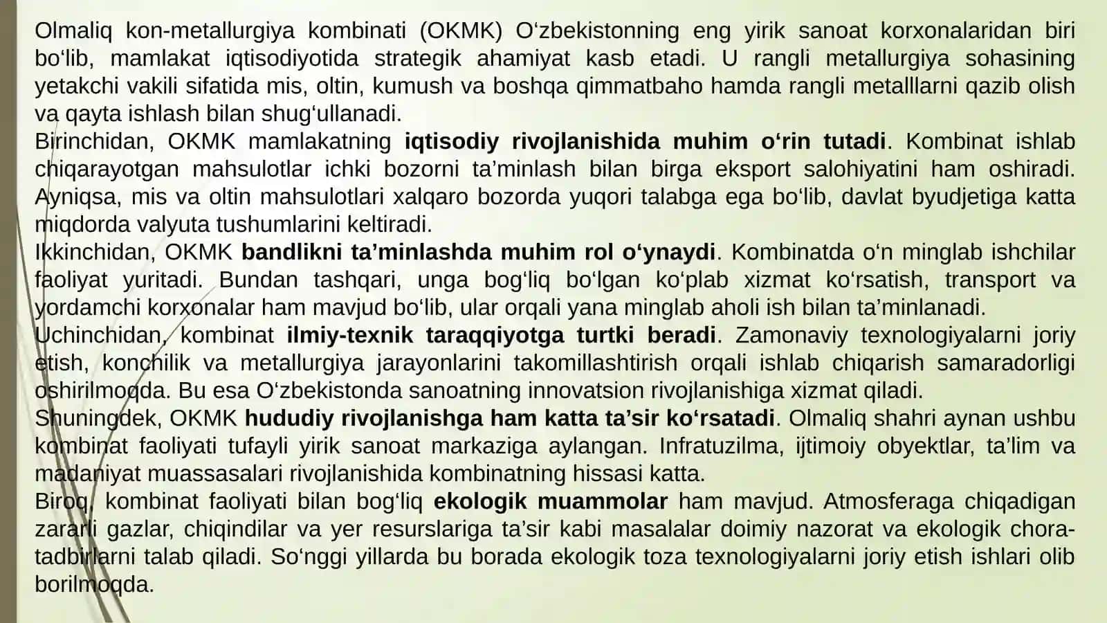 O'zbekistonda Olmaliq kon‑metallurgiya kombinatining o'rnivaahamiyati 3