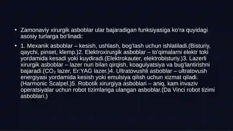 Zamonaviy xirurgik asboblar. Dezinfeksiya uchun qo‘llaniladigan asosiy kimyoviy vositalar. 3