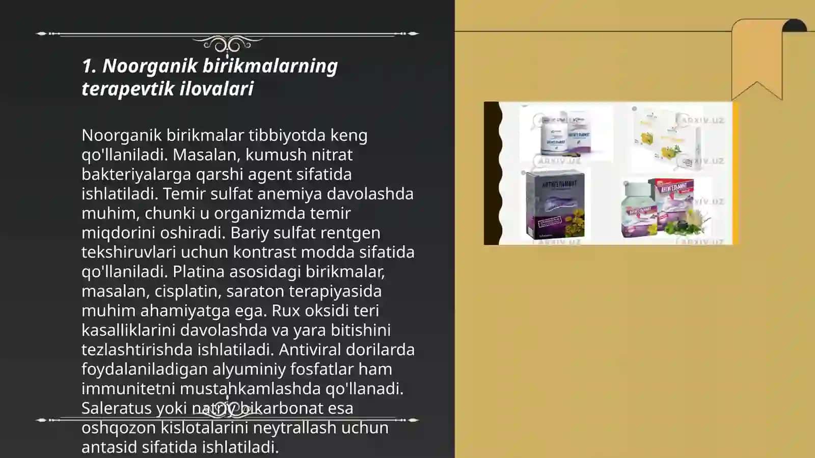 Noarganik birikmalarning tibbyotda dori vositalari sifatida qo'llanishi 3