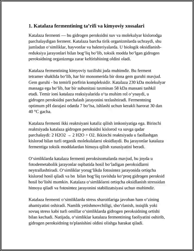 KATALAZA FERMENTI VA UNING OʻSIMLIKLARDAGI AHAMIYATI 3