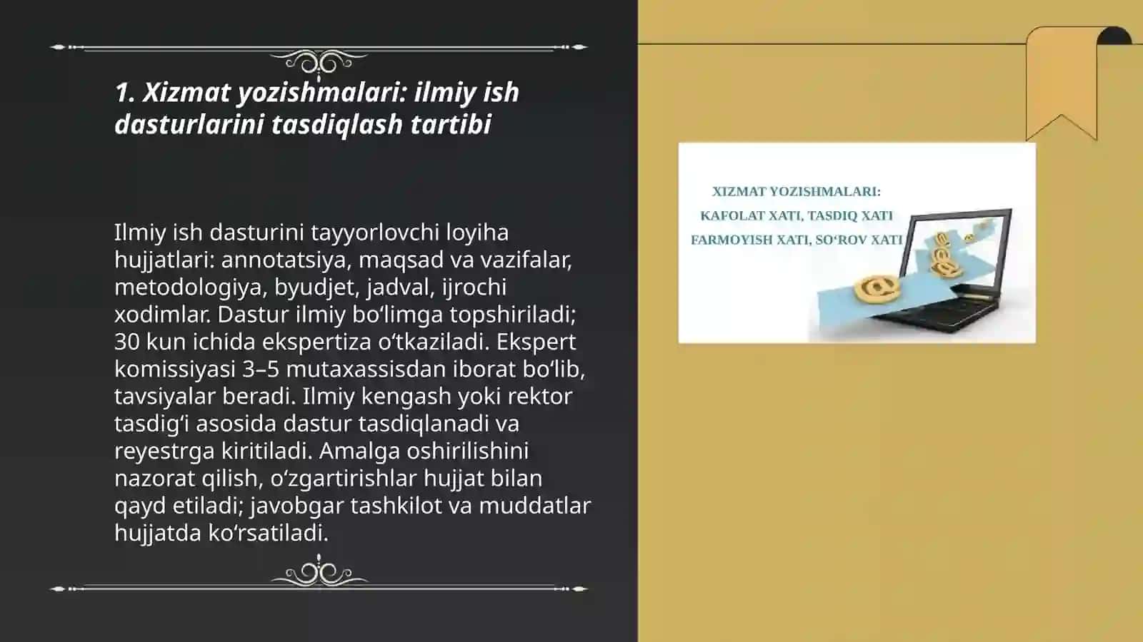 Xizmat yozishmalari: ilmiy ish dasturlarini tasdiqlash tartibi 3