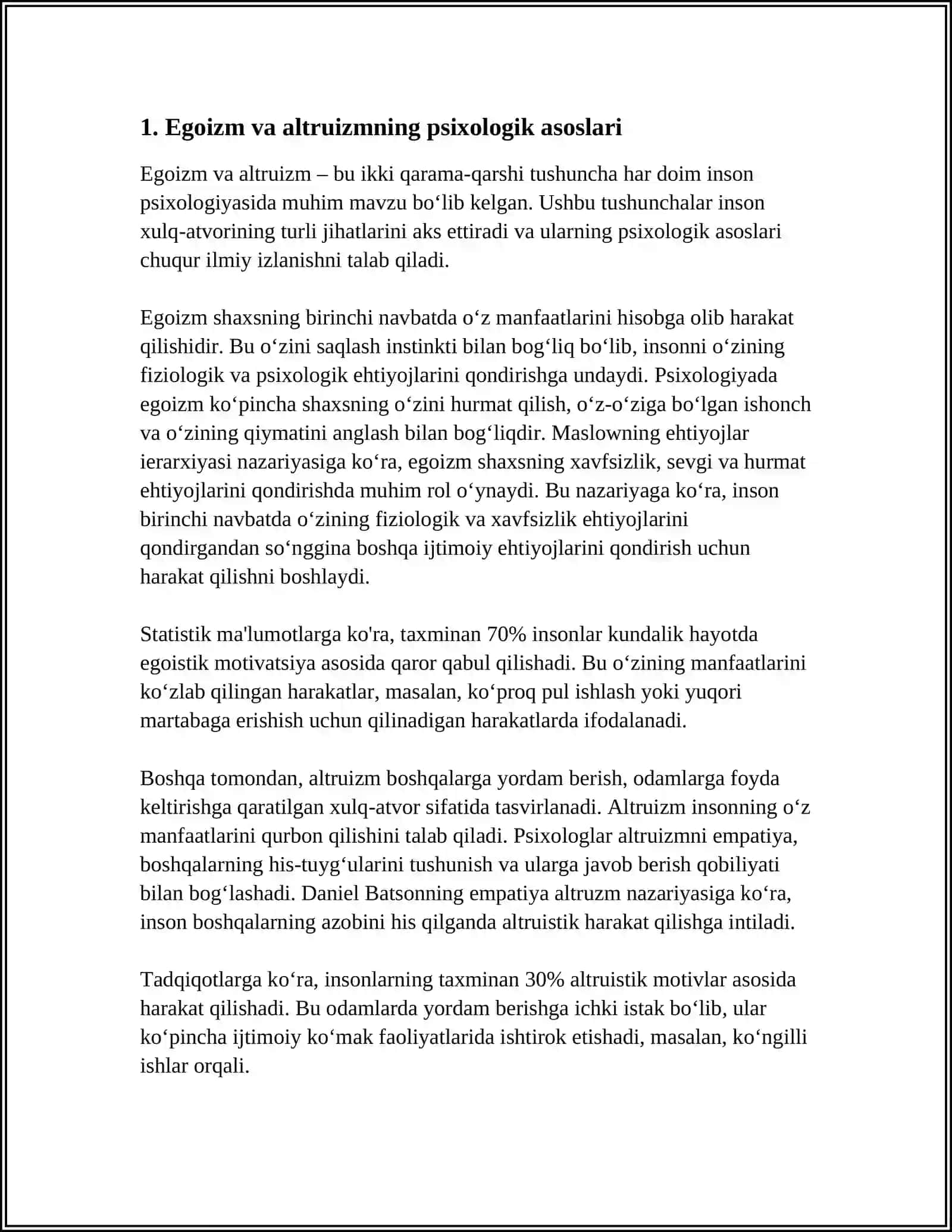 EGOIZM, ALTURISTIK HOLATIDAGI O‘Z-O‘ZINI BOSHQARISH. M.YA.FENOMENOV BOLALAR VA O'SMIRLAR SUITSIDINI O‘RGANISH YO‘LLARI 3