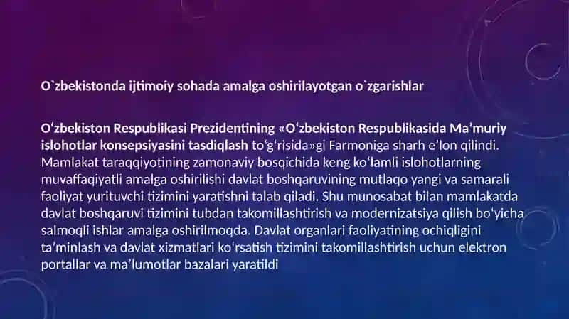 O`zbekistonda ijtimoiy sohada amalga oshirilayotgan o`zgarishlar 3