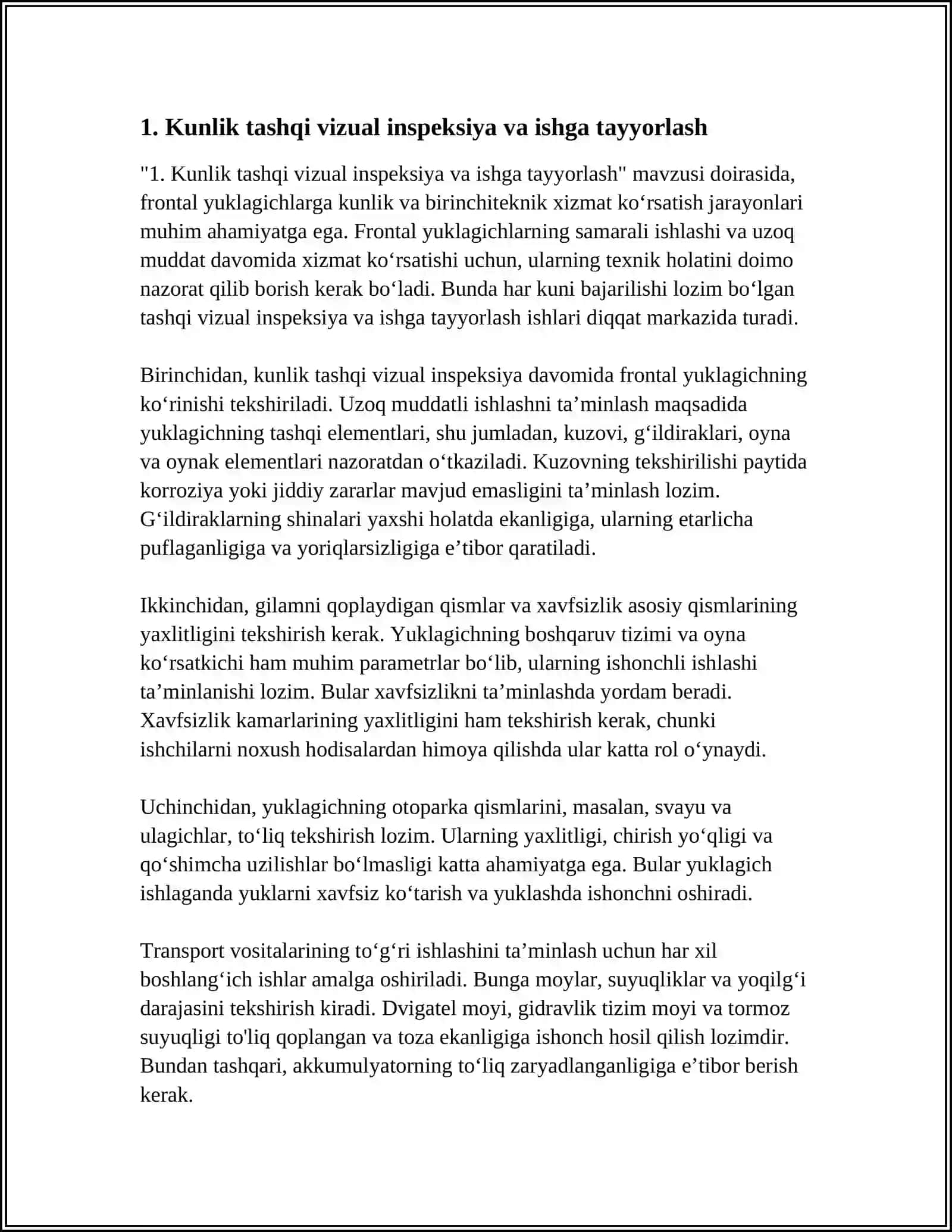 FRONTAL YUKLAGICHLARGA KUNLIK VA BIRINCHITEXNIK XIZMAT XIZMAT KOʻRSATISH 3