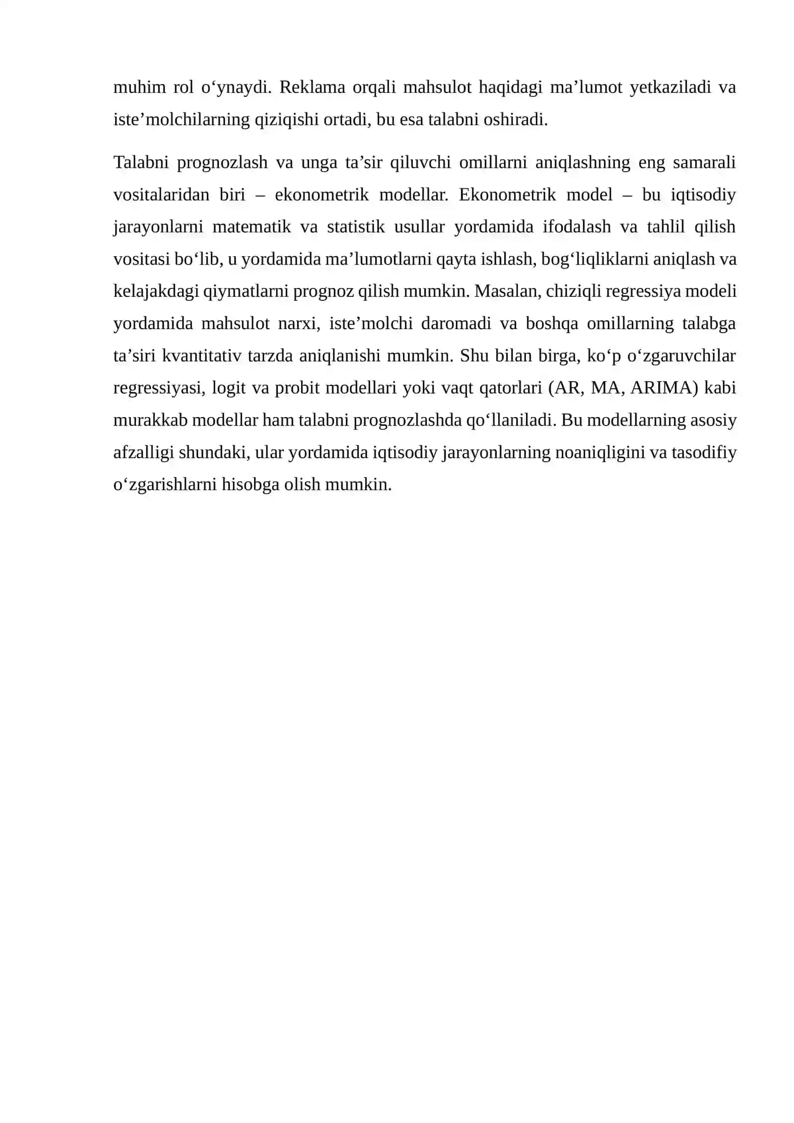 MAHSULOTGA BO‘LGAN TALAB VA TAKLIFNING EKONOMETRIK MODELLARINI TUZISH 3