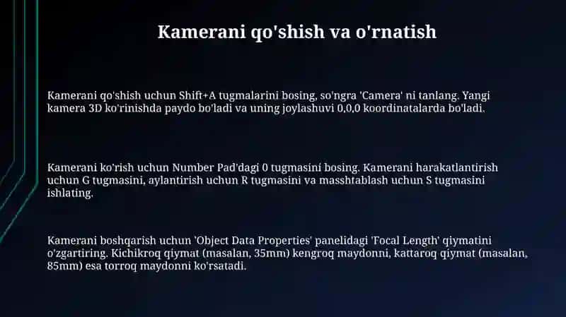 Blenderda kameralar bilan ishlash 3