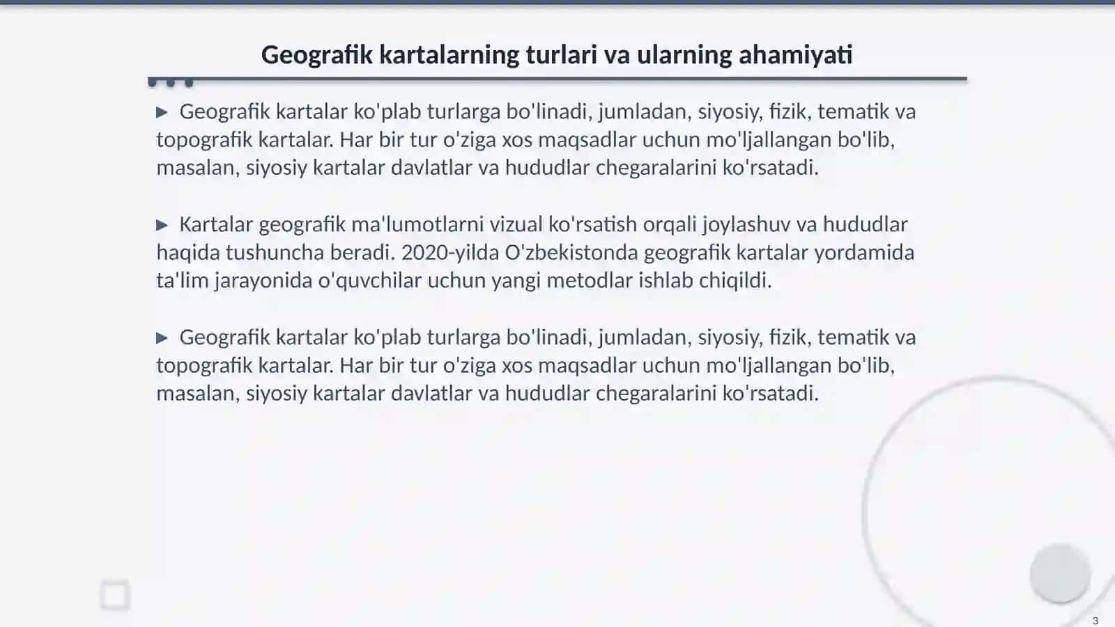 Geografik kartalarning turlari. Ulardan foydalanib masala va mashq yechish 3