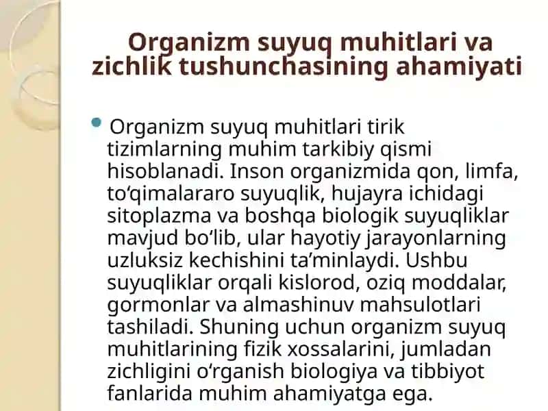 Organizm suyuq muhitlari zichligini aniqlash Arximed qonunini o'rganish 3