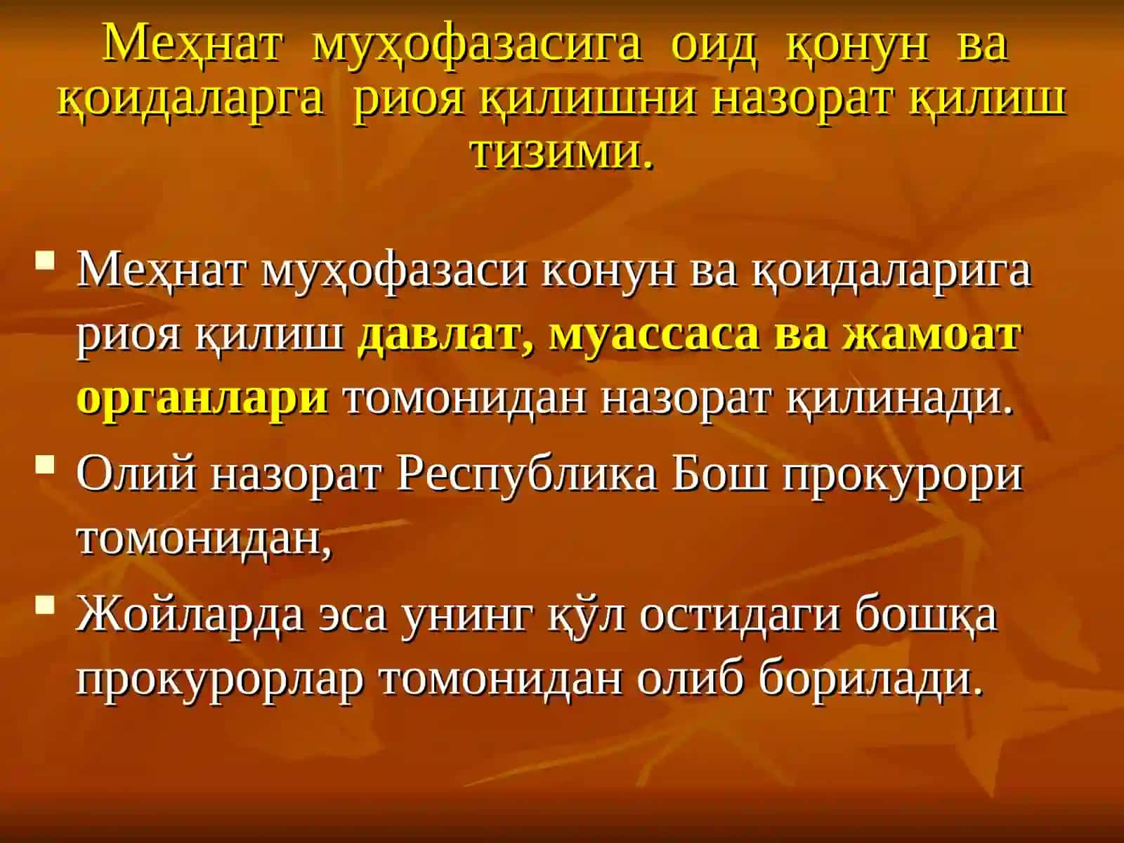 МЕҲНАТНИ МУҲОФАЗА ҚИЛИШ ТЎҒРИСИДАГИ ҚОНУНЛАРГА, ҲУҚУҚИЙ-МЕЪЁРИЙ ҲУЖЖАТЛАР ТАЛАБЛАРИГА ВА ҚОИДАЛАРИГА АМАЛ ҚИЛИШ УСТИДАН НАЗОРАТ ТИЗИМИ 3