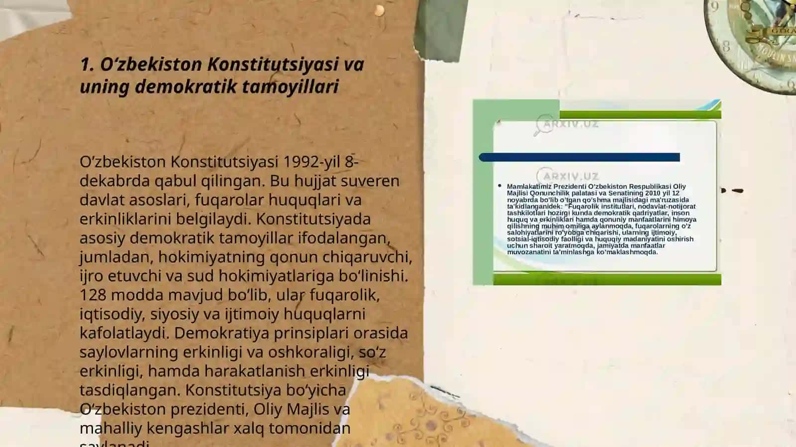 Oʻzbekistonda demokratik, fuqarolik jamiyati asoslarining shakllanishi, amalga oshirilgan siyosiy islohotlar 3