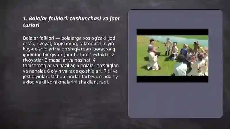 Bolalar folklori janrlari va oʻyinlari. O‘zbek marosim falklori 3