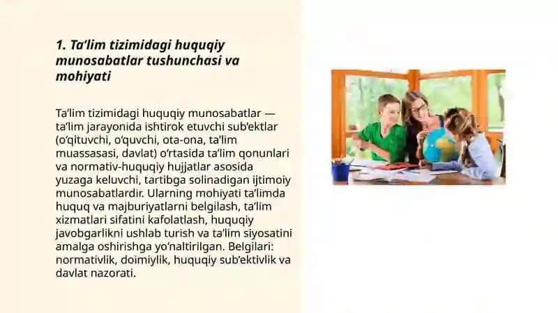 Ta’lim tizimidagi huquqiy munosabatlar tushunchasi, belgilari va tarkibiy qismlari 3