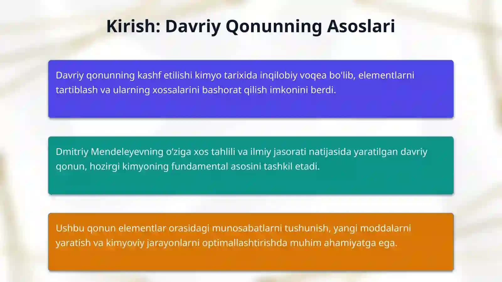 Mavzu : Elemetning davriy sistemadagi o'rni va atom tuzilishiga qarab tavsiflar .d davriy qonunning ahamiyati 3