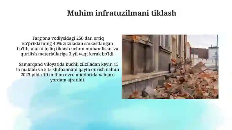 Kuchli zilzila bilan bog'liq favqulodda vaziyatlar oqibatlarini bartaraf etish 3