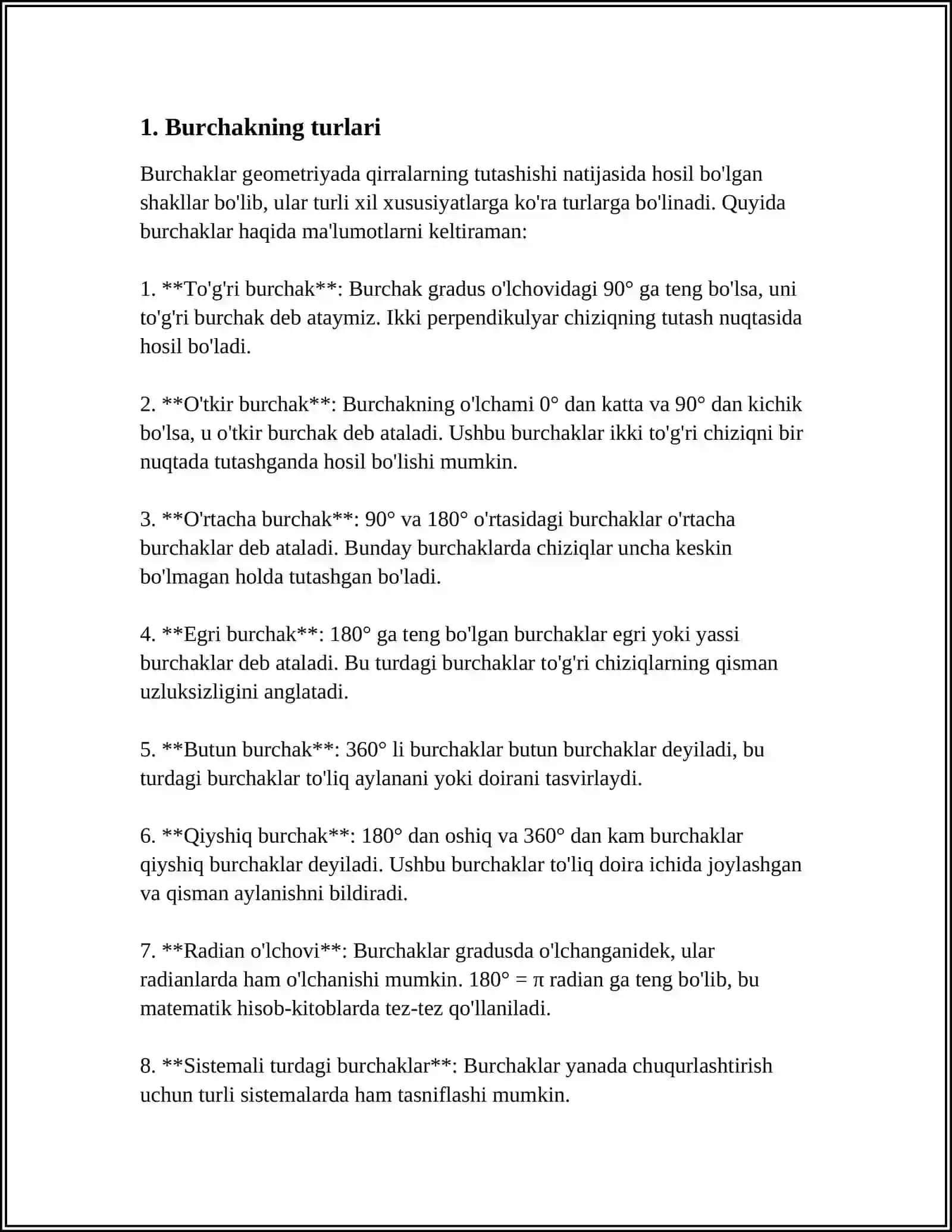 BURCHAK TURLARI, YOYIQ BURCHAK. BURCHAK GRADUSI 3