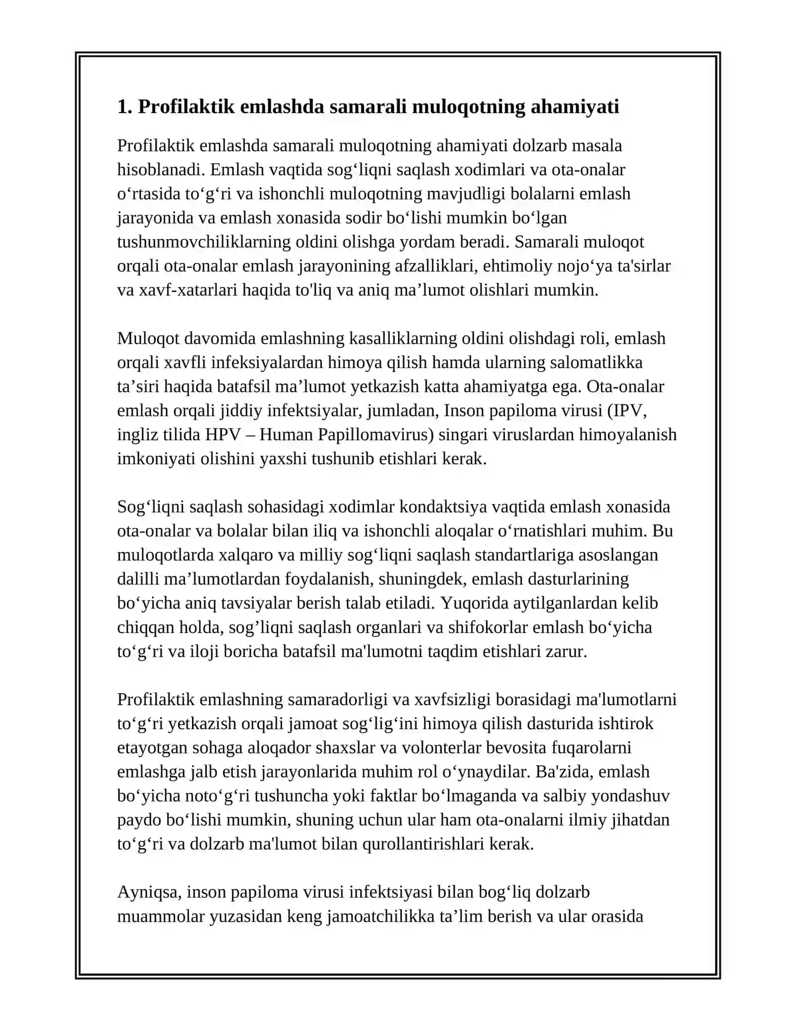 PROFILAKTIK EMLASH VAQTIDA MULOQOT.PATRONAJ VAQTIDA EMLASH XONASIDAGI MULOQOT.INSON VIRUSU POPILONASI(VPCH)INFEKSIYASI 3