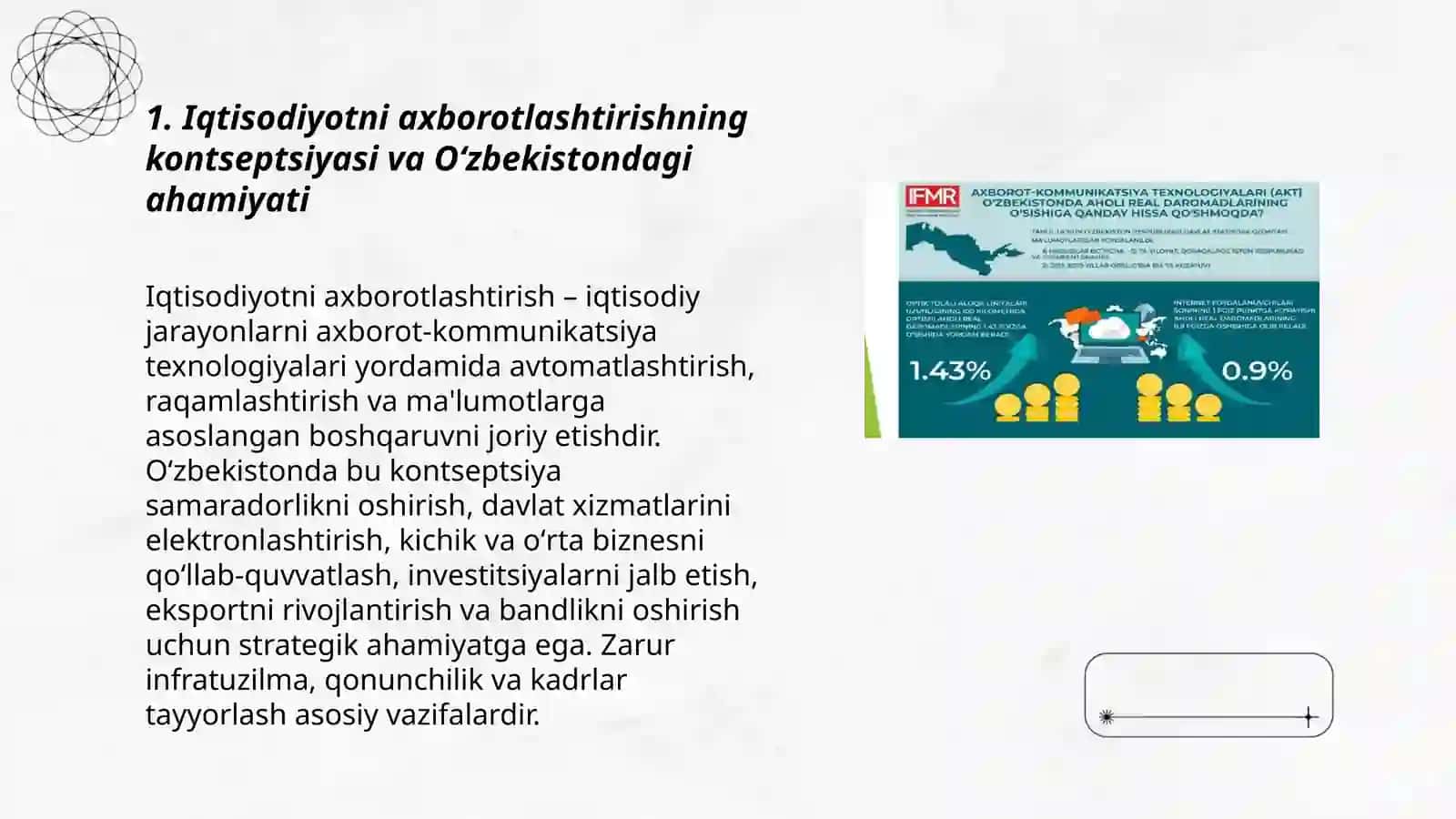 Iqtisodiy faoliyatni axborotlashtirish.Oʻzbekiston Respublikasida zamonaviy axborot texnologiyalarining holati va rivojlanish tendensiyalari 3