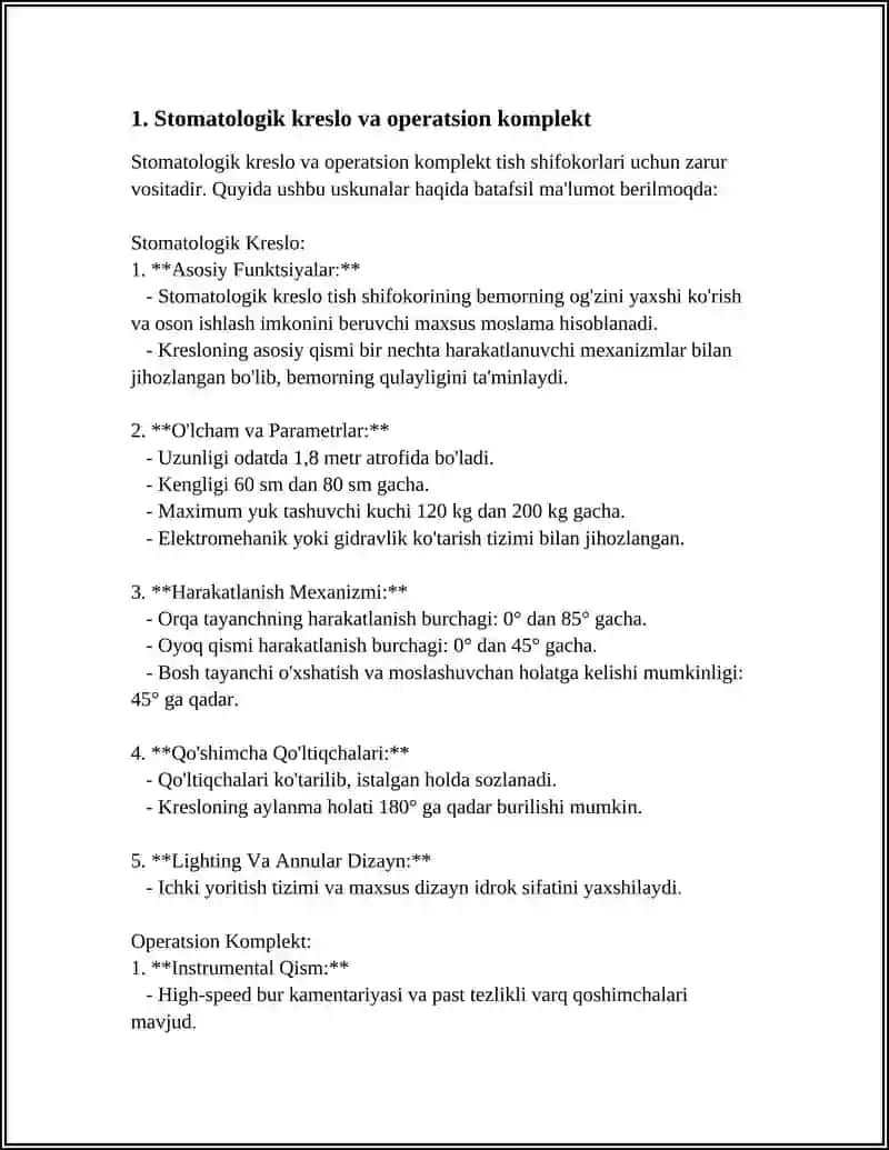 Stomatologik Kreslo va Operatsion Komplekt 3
