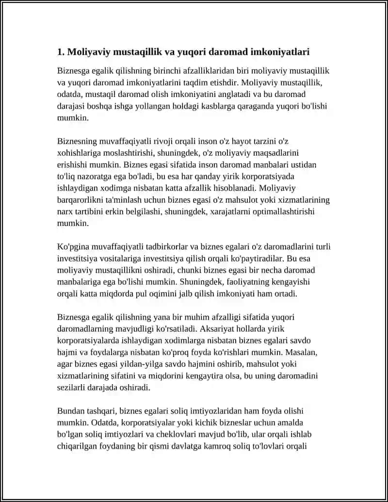 BIZNESGA EGALIK QILISHNING AFZALLIK VA KAMCHILILLARI 3