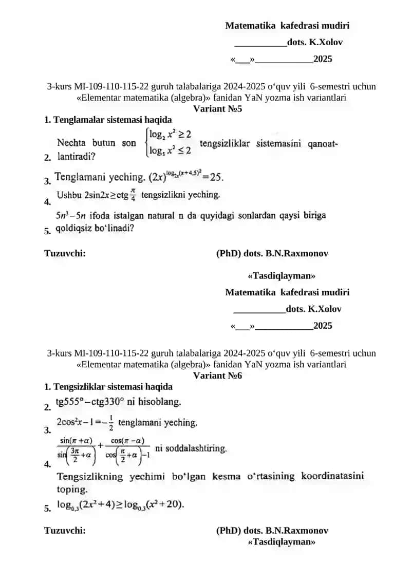 Elementar matematika (algebra) fanidan YaN yozma ish variantlari 3
