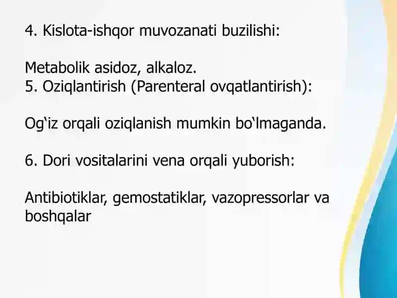 Infuzion terapiyaga ko'rsatma va qarshi ko'rsatmalar. Kardiostimulyatsiya tushunchasi va uning turlari. 3