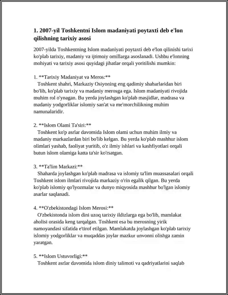 2007-YIL TOSHKENT-ISLOM MADANIYATI POYTAXTI DEB E’LON QILINISHINING MAZMUNI VA MOHIYATI 3