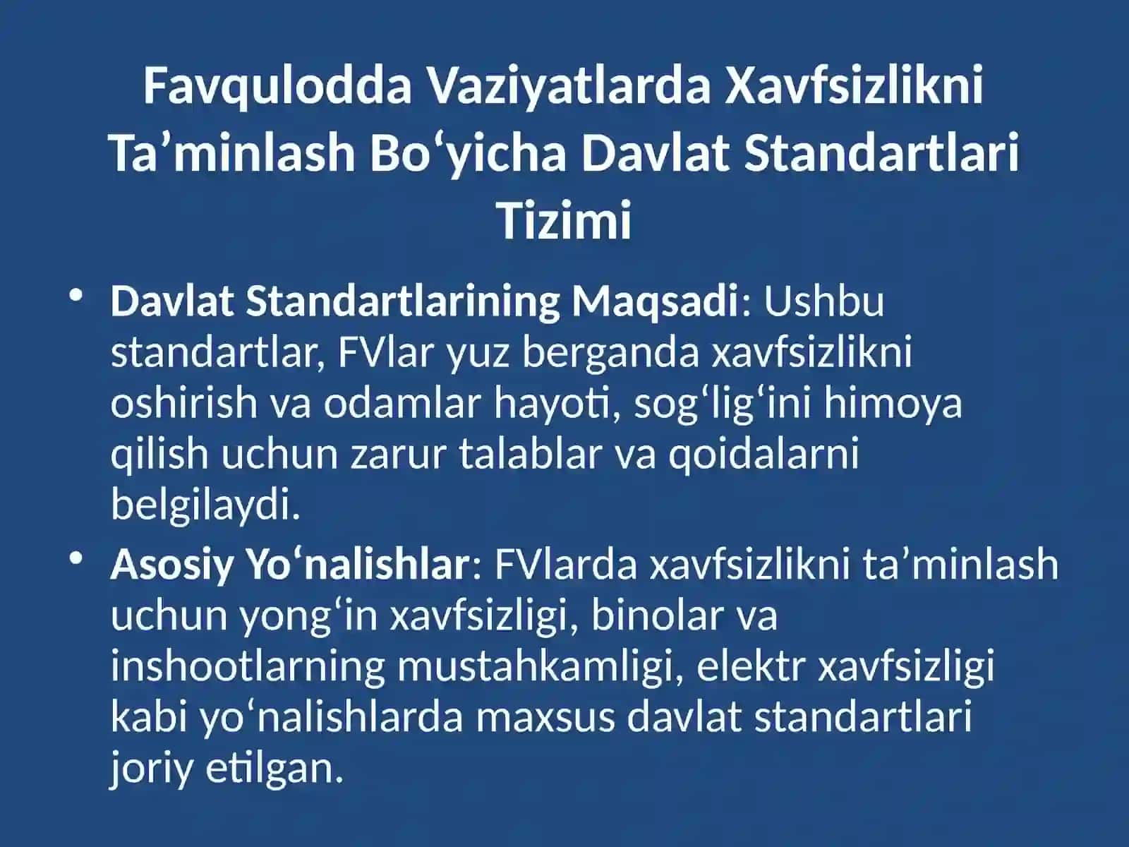 Favqulodda vaziyatlarda xafsizlikni ta`minlash bo`yicha qabul qilingan davlat standartlari 3